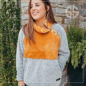NWT Simply Southern Block Sherpa Pullover Size Small Mustard/Gray